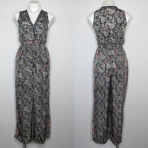 Raga blue pink floral & metallic sleeveless v neck lightweight jumpsuit XS - Picture 1 of 13